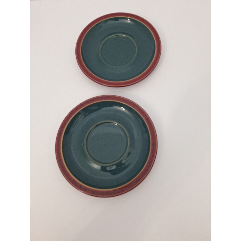 Denby Harlequin Teacup Saucers "Lot of 2" Green In Red Out Speckled Stoneware